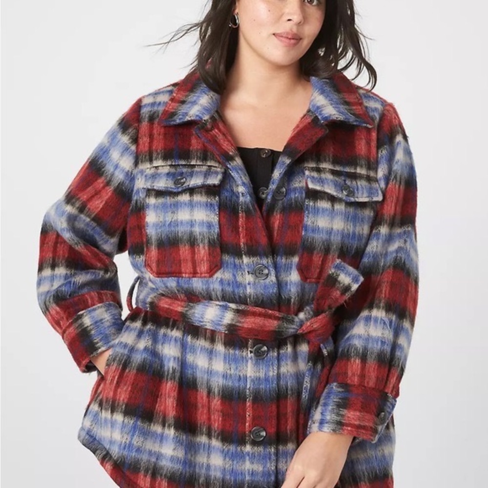 NWT Lane Bryant Faux-Wool Plaid Belted Shacket Jacket Size 26/28